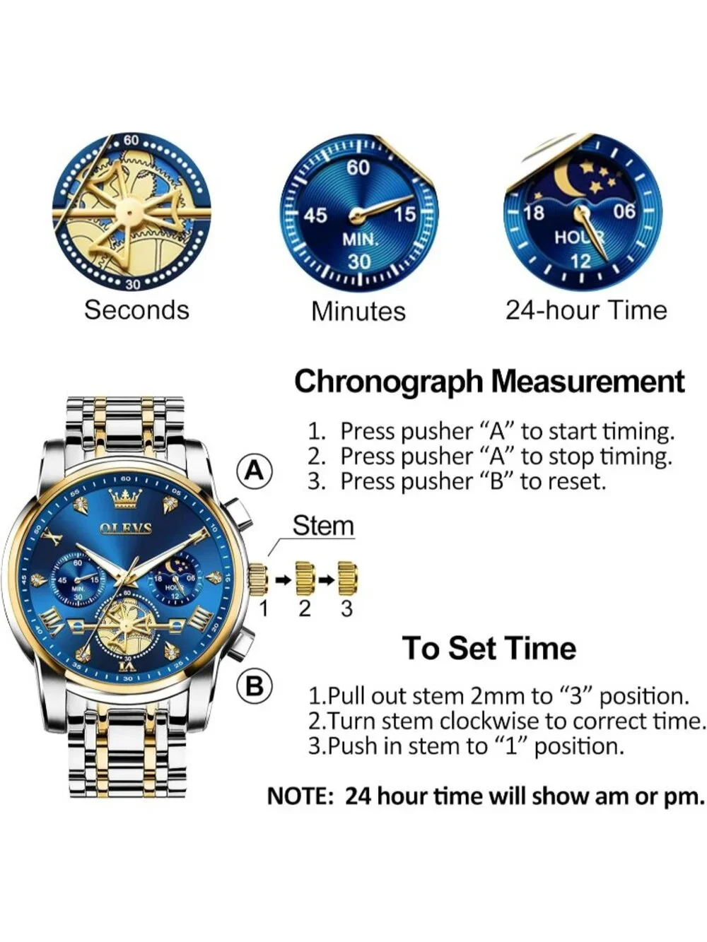 Men's Blue /Two-tone Stainless Steel Chronograph Waterproof Quartz Dress Watch